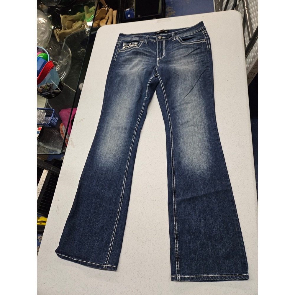 Love Indigo Womens Embellished Bootcut Jeans Dark Wash Rhinestone Sequin Size 10